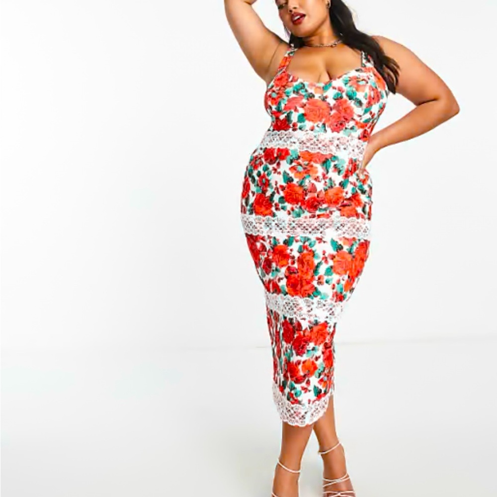 ASOS DESIGN Curve strappy cami lace trim midi dress in rose floral